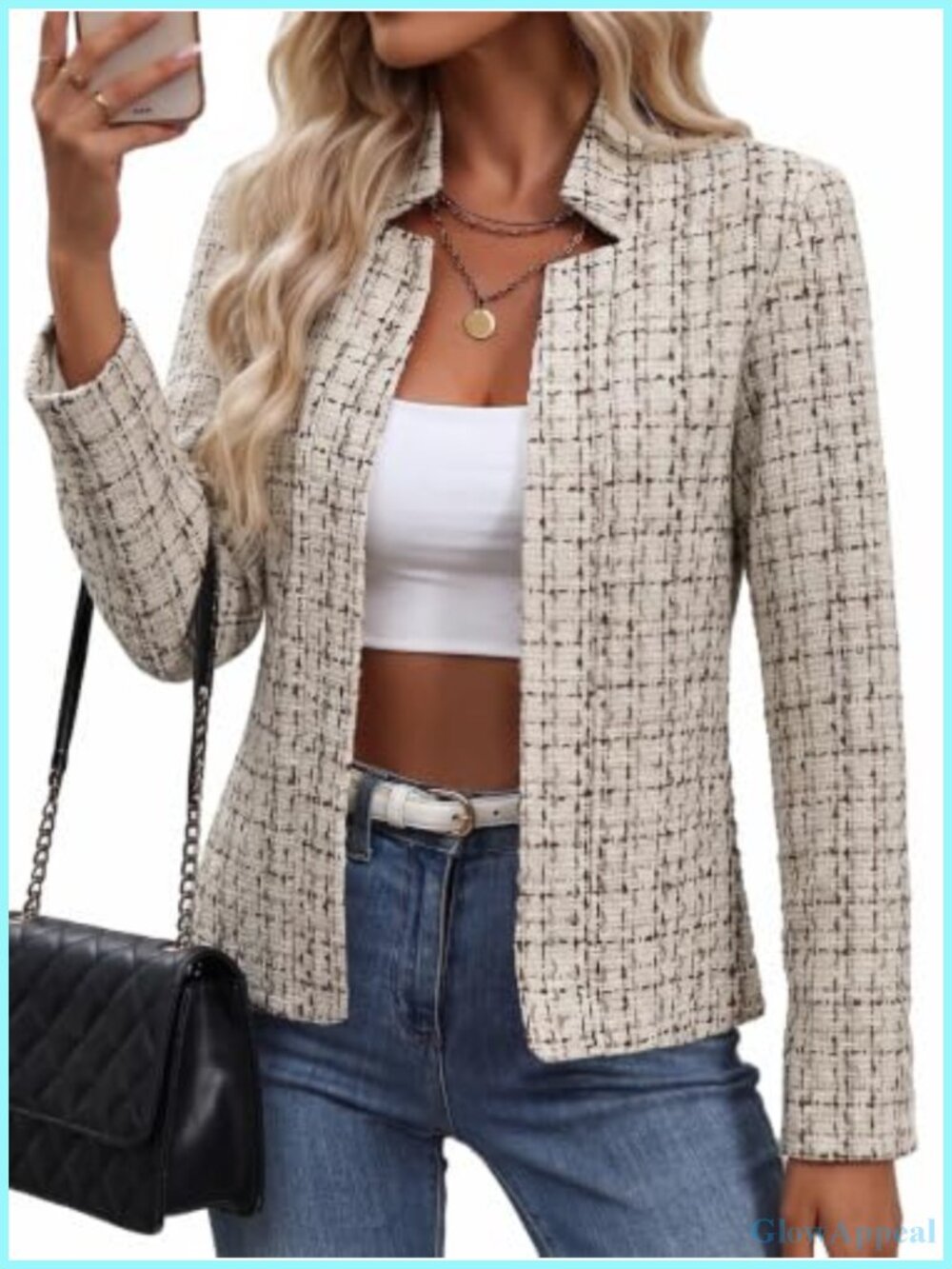 Women's Open Front Tweed Blazer Notched Lapel Long Sleeve Lined Business Casual